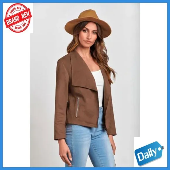 Faux Suede Cropped Jacket, Long Sleeve Open Front, Fall Winter Coat - Picture 6 of 7